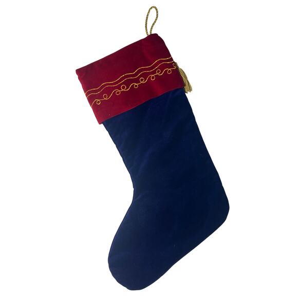 Navy Blue and Maroon Velvet Gold Embroidered Christmas Stocking Tassel 18 Inches - Picture 2 of 8
